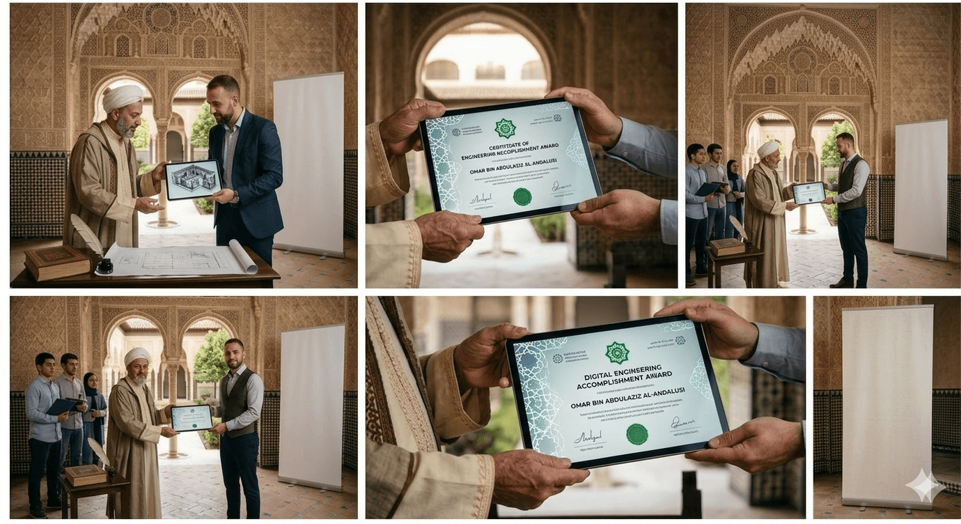 Certification ceremony at Qurtuba: award presentation in a traditional courtyard setting